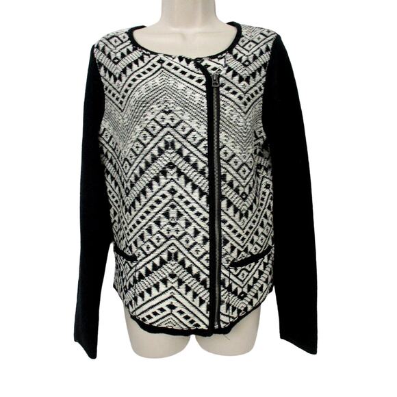 Lucky Brand Cardigan Sweater Womens Medium Aztec Southwestern Black White Zip Up - Picture 1 of 15